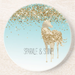 Girly Aqua Gold Confetti Glitzer Unicorn Getränkeuntersetzer