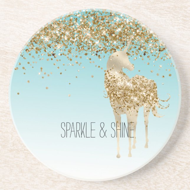 Girly Aqua Gold Confetti Glitzer Unicorn Getränkeuntersetzer (Vorne)