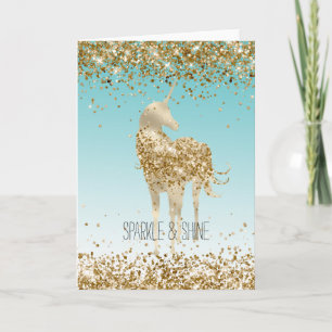 Girly Aqua Gold Confetti Glitzer Unicorn Karte