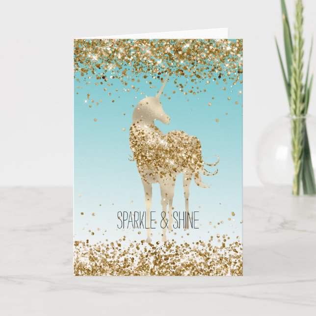 Girly Aqua Gold Confetti Glitzer Unicorn Karte (Vorderseite)