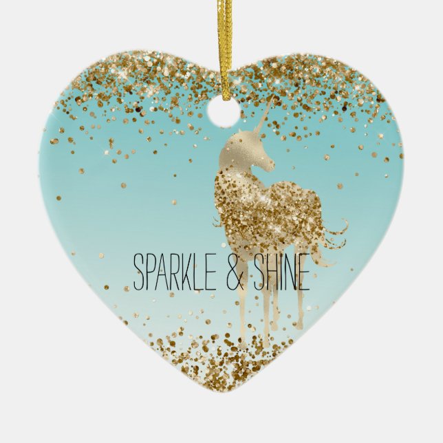 Girly Aqua Gold Confetti Glitzer Unicorn Keramik Ornament (Vorne)