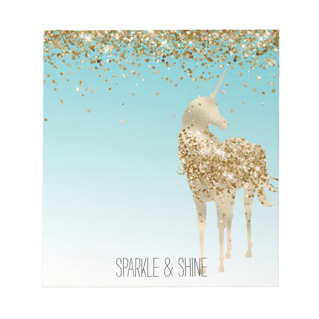 Girly Aqua Gold Confetti Glitzer Unicorn Notizblock (Vorderseite)