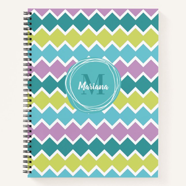 Girly Aqua Lila Geometric Muster Monogram Notizbuch (Vorderseite)