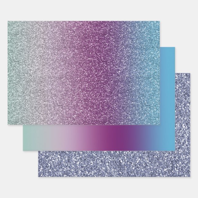 Girly Aqua Lila Mint Pink Glitzer ombre Geschenkpapier Set (Set)