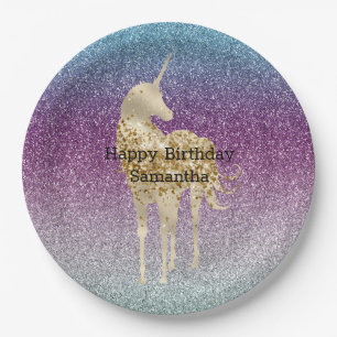 Girly Aqua Lila Mint Pink Glitzer ombre Unicorn Pappteller