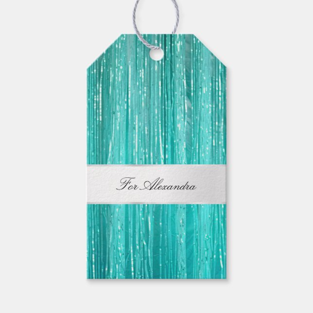 Girly Aqua Mint Glam Glitzy Tinsel Streifen Geschenkanhänger (Vorderseite)