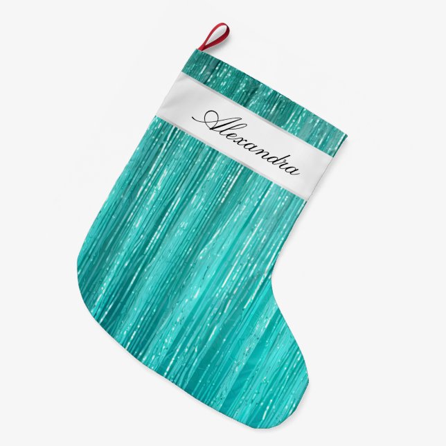 Girly Aqua Mint Glam Glitzy Tinsel Streifen Großer Weihnachtsstrumpf (Vorderansicht (hängend))