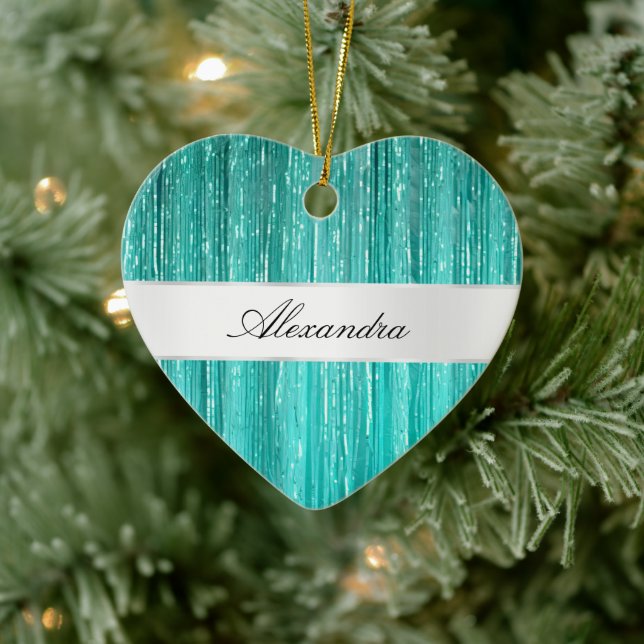 Girly Aqua Mint Glam Glitzy Tinsel Streifen Keramik Ornament (Baum)