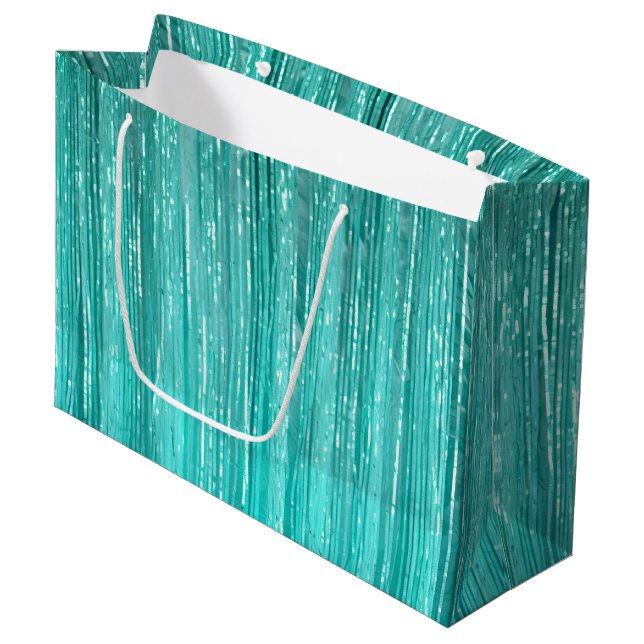 Girly Aqua Mint Glam Tinsel Streifen Große Geschenktüte (Vorderseite Schrägansicht)