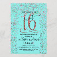Girly Aqua Rose Gold Confetti Border Sweet 16