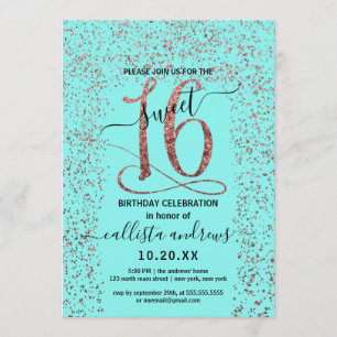 Girly Aqua Rose Gold Confetti Border Sweet 16 Einladung
