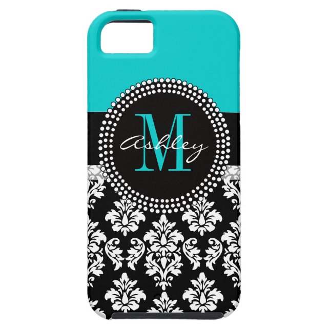 Girly Aqua-Schwarz-Damast Ihr Monogramm-Name Case-Mate iPhone Hülle (Rückseite)