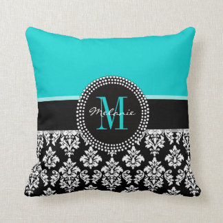 Girly Aqua Schwarz Damast Ihr Monogramm Name Kisse Kissen