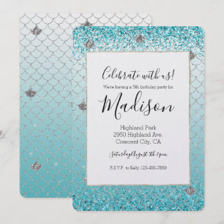 Girly Aqua Silver Glitzer Sparkle Meerjungfrau Einladung