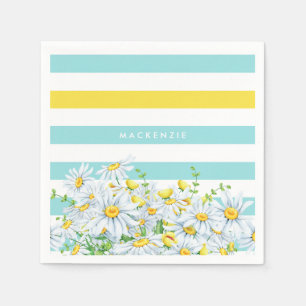 Girly Aqua-Streifen mit gelben Gänseblümchen und Serviette