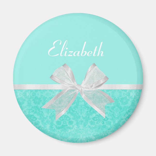Girly Aqua Türkis Damask White Ribbon mit Namen Magnet (Vorne)