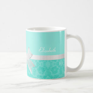 Girly Aqua-Türkis-Damast-weißes Band mit Namen Kaffeetasse