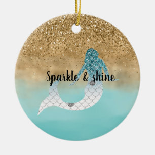 Girly Aqua Watercolor Gold Glitter Mermaid   Keramik Ornament
