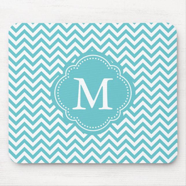 Girly Aqua-weißes Zickzack Streifen-Monogramm Mousepad (Vorne)