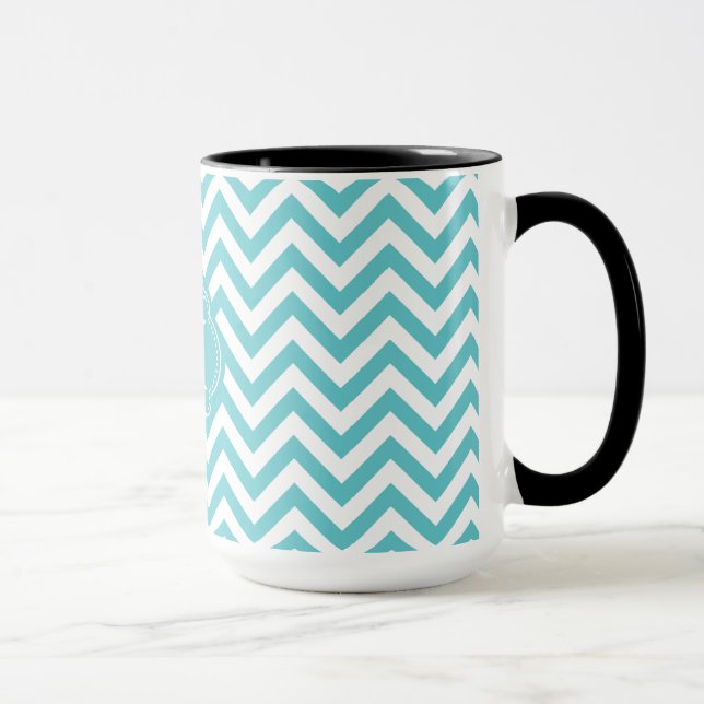 Girly Aqua-weißes Zickzack Streifen-Monogramm Tasse (Rechts)