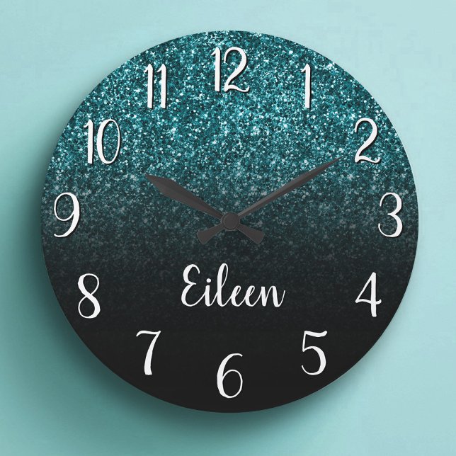 Girly Aquamarin Glitzer Black Ombre Große Wanduhr (Girly Teal Glitter Black Ombre Large Clock)