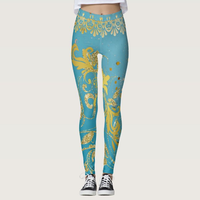 Girly Aquamarin Glitzer Gold Ombre Blue Leggings (Vorderseite)