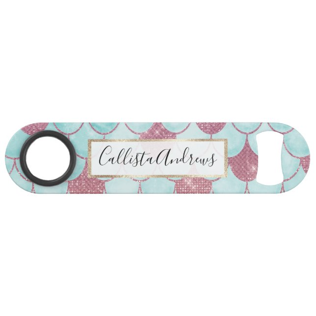 Girly Aquamarin Pink Glitzer Wasserfarbe Meerjungf Speed Flaschenöffner (Vorderseite (Horizontal))