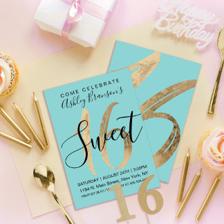 Girly Aquamarine Aquamariner Goldfilm Sweet 16 Einladung