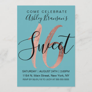 Girly Aquamarine Rose Goldene Foil Sweet 16 Einladung