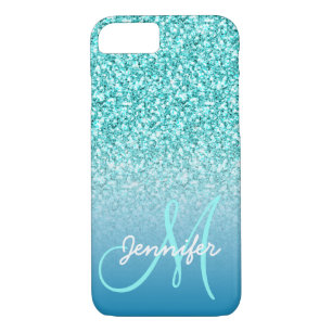 Girly aquamariner Imitat-Glitzer-Monogramm-Name Case-Mate iPhone Hülle