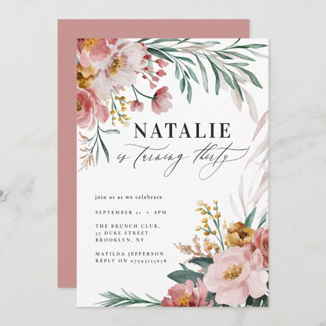 Girly Aquarellblume 30. Geburtstag pink blau (Vorne/Hinten)