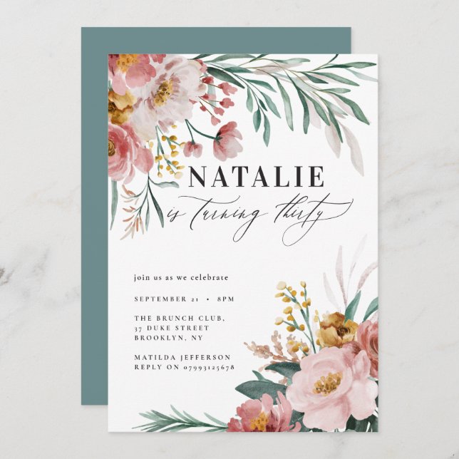 Girly Aquarellblume 30. Geburtstag pink blau (Vorne/Hinten)