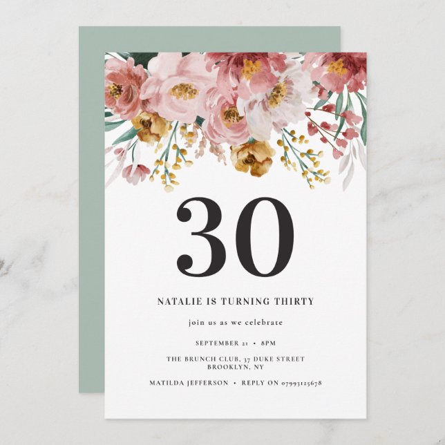 Girly Aquarellblume 30. Geburtstag pink chic (Vorne/Hinten)