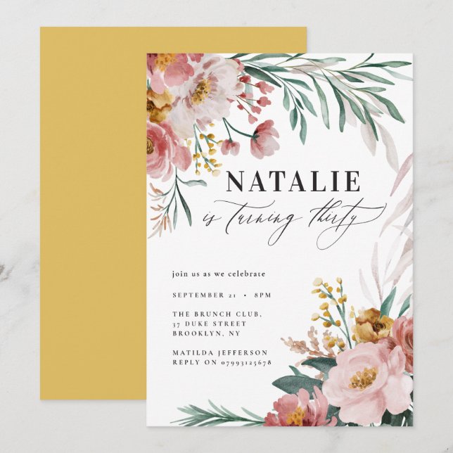 Girly Aquarellblume 30. Geburtstag Rosa Senf (Vorne/Hinten)