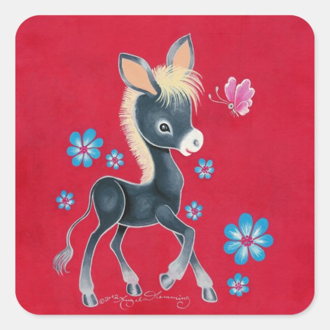 Girly-Baby-Donkey mit Blume Quadratischer Aufkleber (Vorderseite)