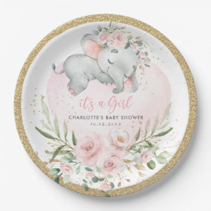 Girly Baby Elephant Blush Pink Gold Floral Dusche Pappteller