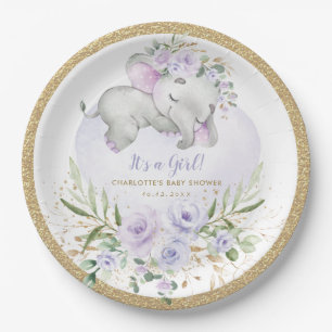 Girly Baby Elephant Lila Gold Floral Shower Pappteller