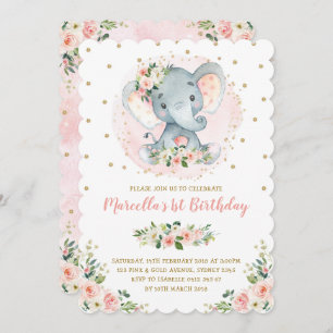 Girly Baby Elephant Pfirsich Blush Gold 1. Geburts Einladung