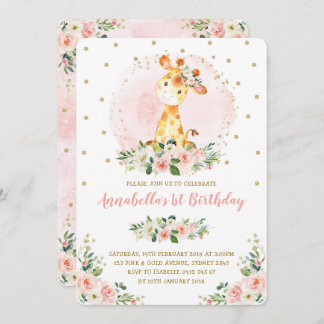 Girly Baby Giraffe Blush Gold Floral 1. Geburtstag Einladung