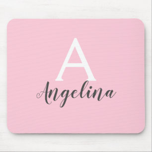 Girly Bale Blush Pink White & Grey Monogram Name Mousepad