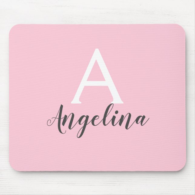 Girly Bale Blush Pink White & Grey Monogram Name Mousepad (Vorne)