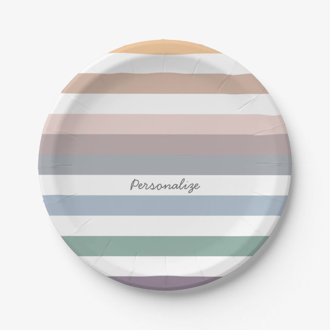 Girly Beige blaue weiße Streifen mit Namen Pappteller (Vorderseite)