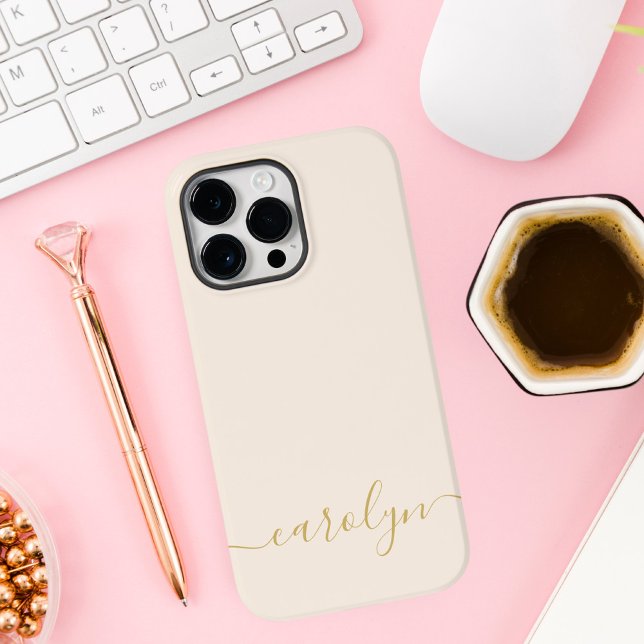 Girly Beige Monogram Modern Script Personalisiert Case-Mate iPhone Hülle (Von Creator hochgeladen)