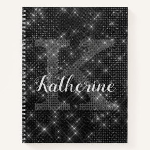 Girly Black Diamond Sparkle Chic Monogram Name Notizbuch