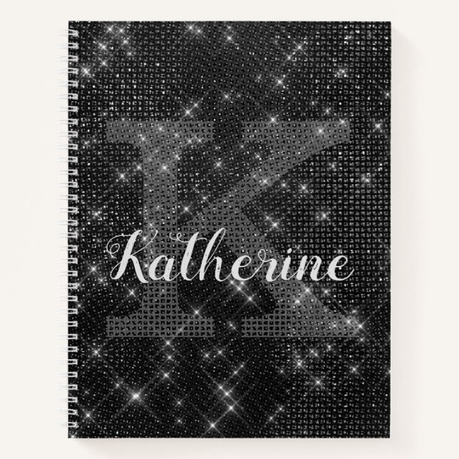 Girly Black Diamond Sparkle Chic Monogram Name Notizbuch (Vorderseite)