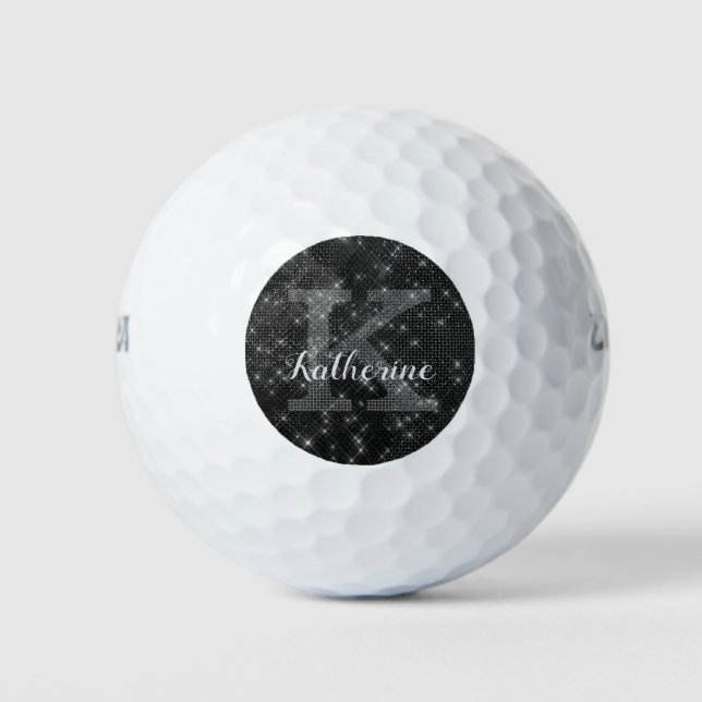 Girly Black Diamond Sparkle Cool Monogram Name Golfball (Vorderseite)