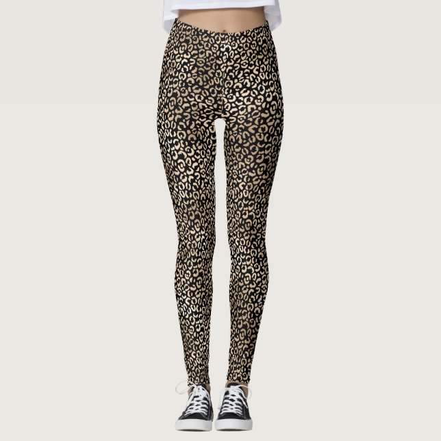 Girly Black Glam Leopard Print Leggings (Vorderseite)