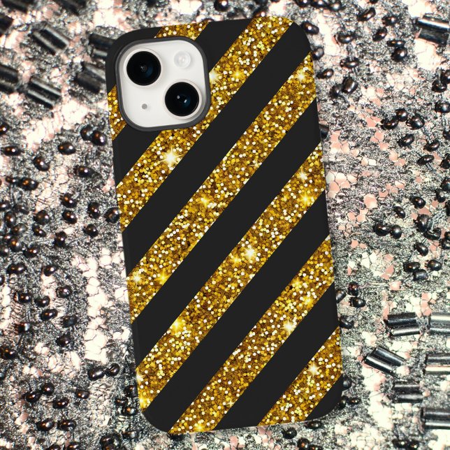 Girly Black Gold Glitzer Glitzern Stripmuster Case-Mate iPhone Hülle (Von Creator hochgeladen)