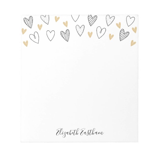 Girly Black Gold Heart Feminine Script Notepad Notizblock (Vorderseite)