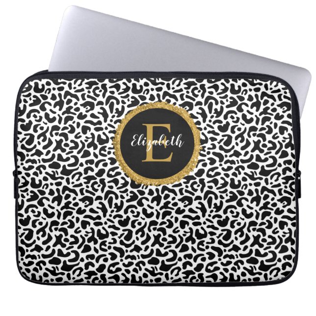 Girly Black Gold Leopard Monogram Laptopschutzhülle (Vorderseite)